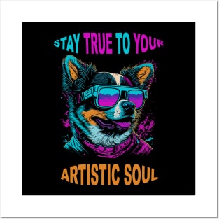 Dog Wearing Sunglasses - Retro Retrowave T-Shirt Design - Vector 2D Flat Punk Rock Graffiti Posters and Art